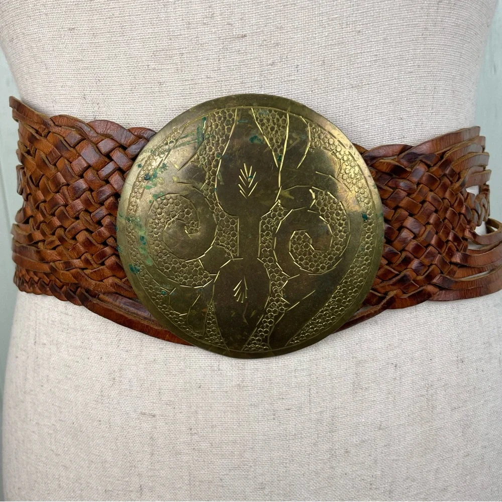 Vintage Braided Leather Hammered Medallion Belt Morocco Boho Bohemian Gypsy Y2K